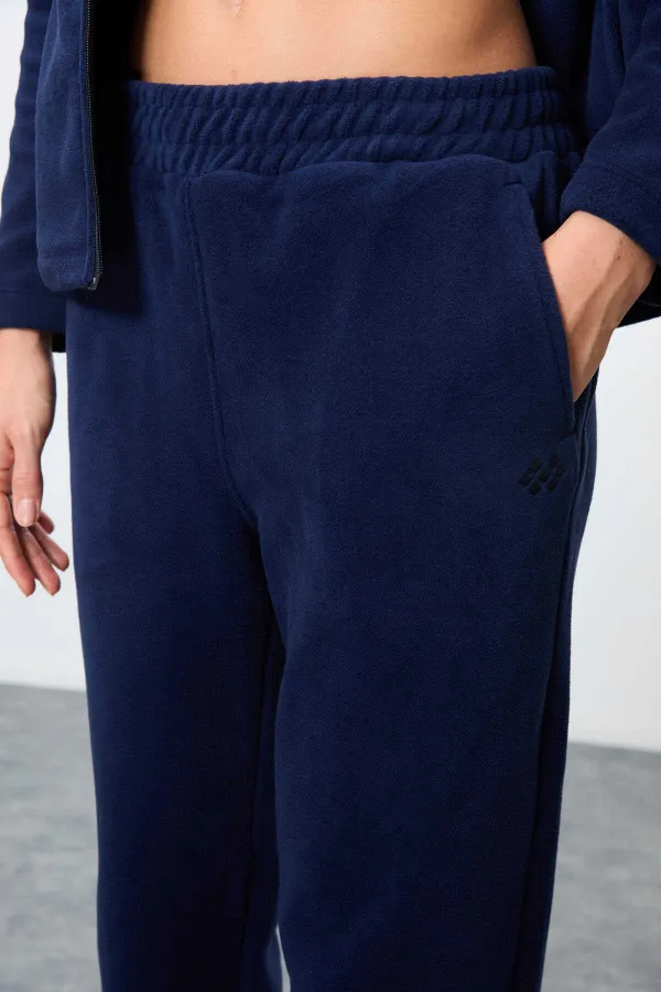 Tommylife Toptan Oversize Dik Yaka Klasik Paça Kadın Polar Eşofman Takımı 95339 Lacivert