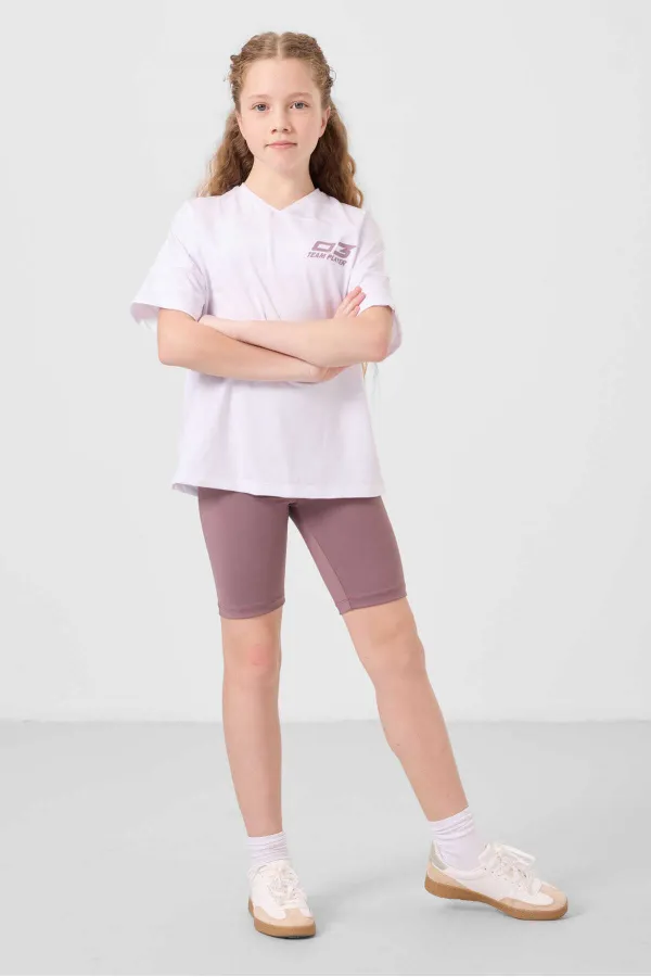 Tommylife Toptan V Yaka Kemer Detaylı Standart Fit Performans Kız Çocuk Tayt Takım 75187 Beyaz Gül kurusu