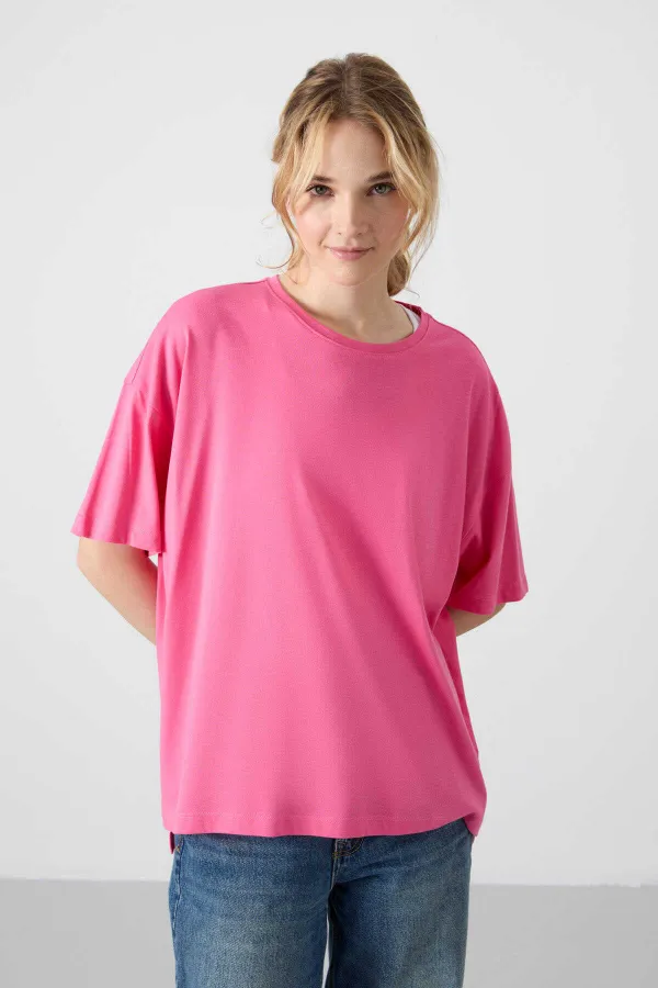 Tommylife Toptan O Yaka Oversize Basic Kadın T-Shirt 97285 Rose