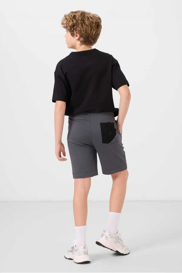 Tommylife Toptan Pamuklu Oversize Fit Dokuma Hafif Esnek Chino Erkek Çocuk Şort Takım 11278 Siyah-Gri