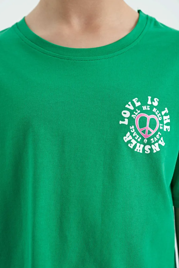 Tommylife Toptan Yeşil Ön Arka Baskılı O Yaka Düşük Omuz Oversize Kısa Kollu Kız Çocuk T-Shirt - 75126