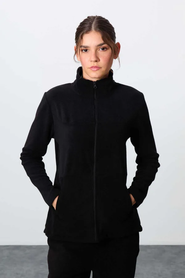 Ensemble de survêtement en polaire Tommylife Wholesale pour femme, coupe classique, col montant, taille oversize, noir, référence 95339