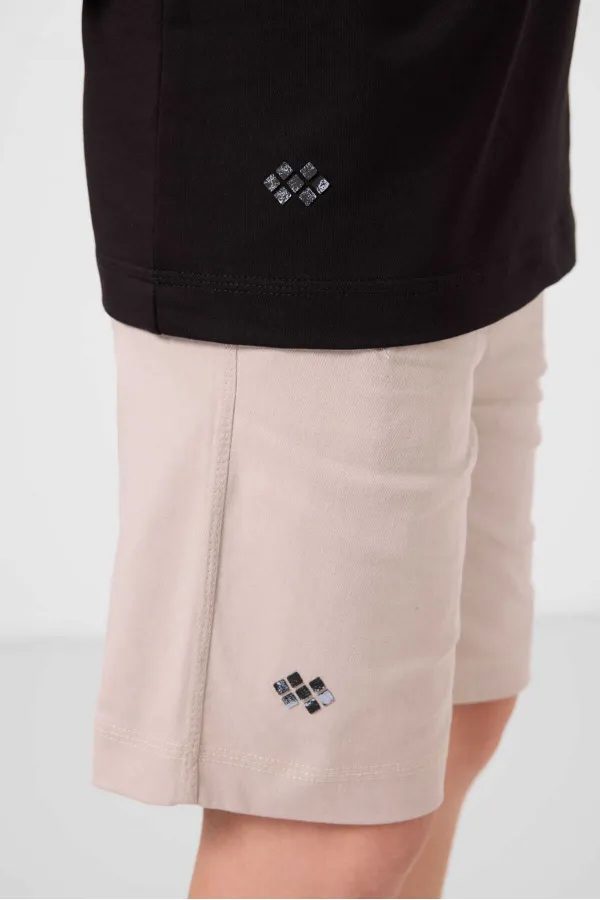 Ensemble short chino garçon Tommylife en coton tissé léger et extensible, coupe oversize, couleur noir et pierre, réf. 11277