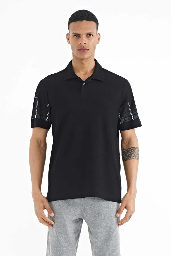 T-shirt homme Tommylife Wholesale, manches noires imprimées, col polo, coupe standard - 88240