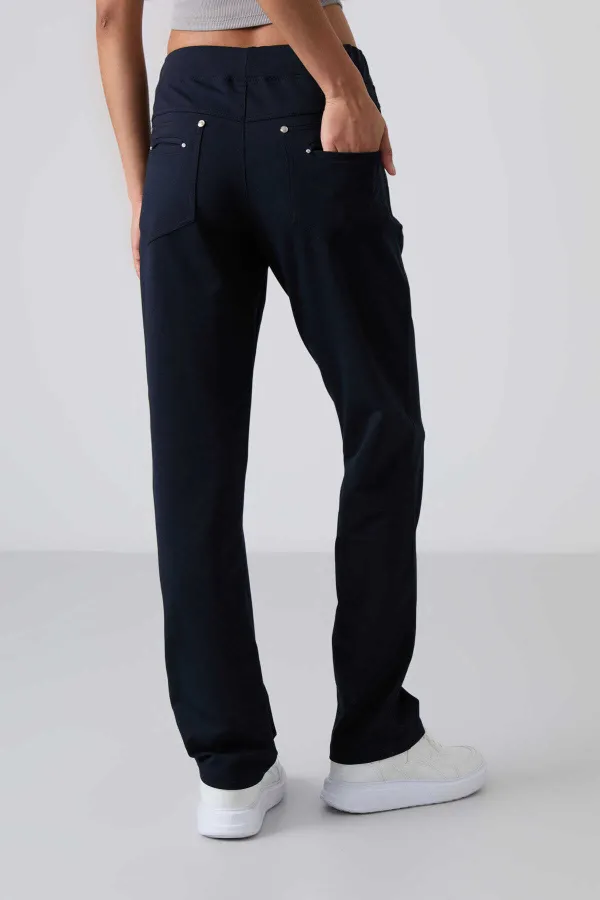 Tommylife Toptan Lacivert Taş Detaylı Cepli Rahat Form Klasik Paça Kadın Eşofman Altı - 94007