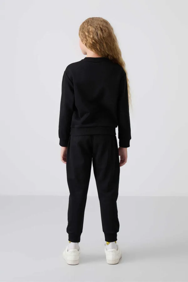 Tommylife Toptan 3-9 Yaş O Yaka Oversize Kız Çocuk Eşofman Takımı 75145 Siyah