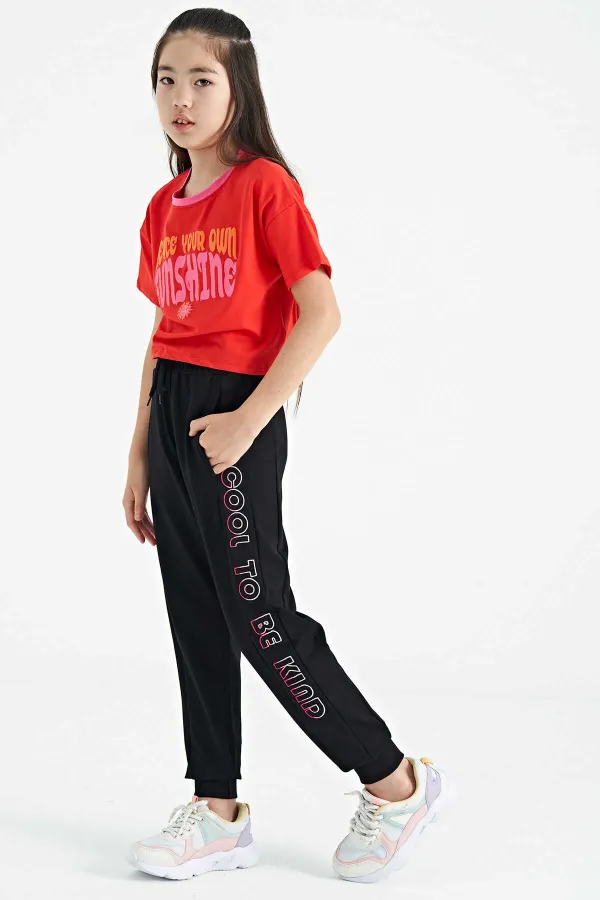 Tommylife Toptan Fiesta Renkli Yazı Baskılı O Yaka Oversize  Kısa Kollu Kız Çocuk T-Shirt - 75111