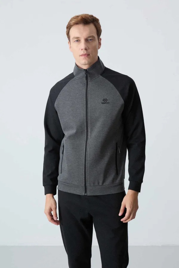 Tommylife Toptan Rahat Kalıp Dik Yaka Klasik Paça Erkek Eşofman Takımı 85113 Antrasit - Siyah