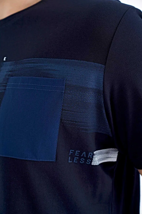 Tommylife Toptan Lacivert Ön Cep Detaylı Baskılı Standart Kalıp Erkek T-Shirt - 88200
