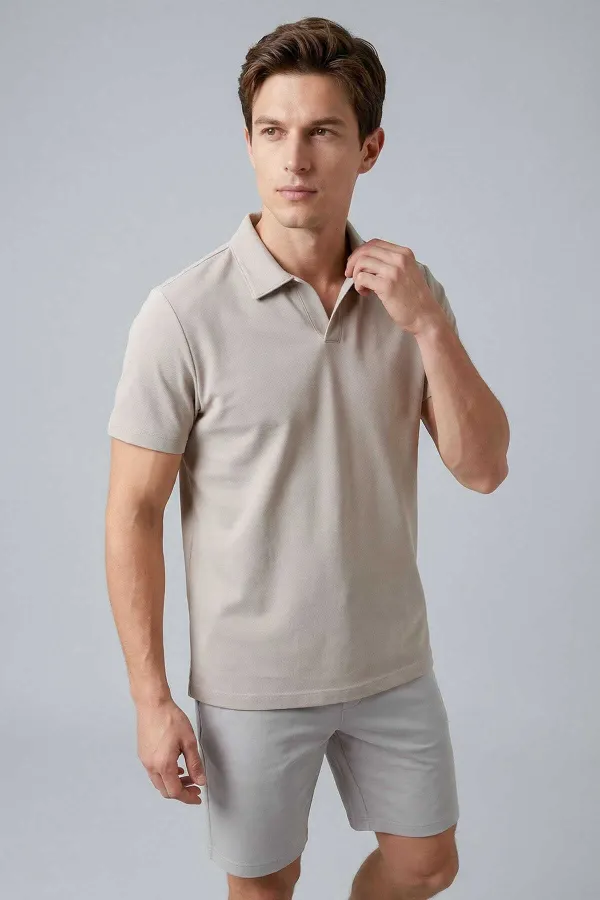 T-shirt polo beige Tommylife pour homme, coupe confortable, texture douce - 88496