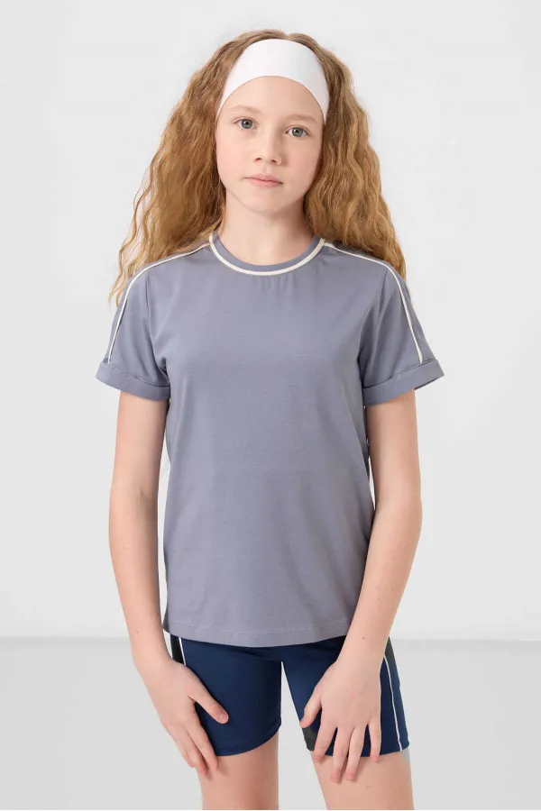 Tommylife Toptan Pamuklu O Yaka Oversize Fit Baskılı Kız Çocuk T Shirt 75177 Koyu Mavi