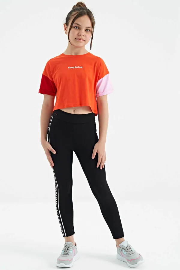 Tommylife Toptan Portakal Yazı Baskılı O Yaka Düşük Omuzlu Oversize Kız Çocuk T-Shirt - 75130