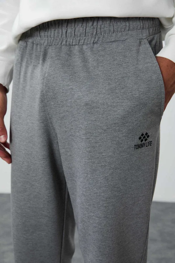 Tommylife Toptan Gri Melanj Klasik Cepli Standart Kalıp Manşetli Erkek Eşofman Alt - 84652