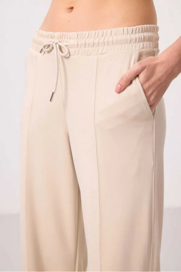 Pantalon palazzo pour femme Tommylife, en tissu doux, avec poches et surpiqûres apparentes - Beige 94670