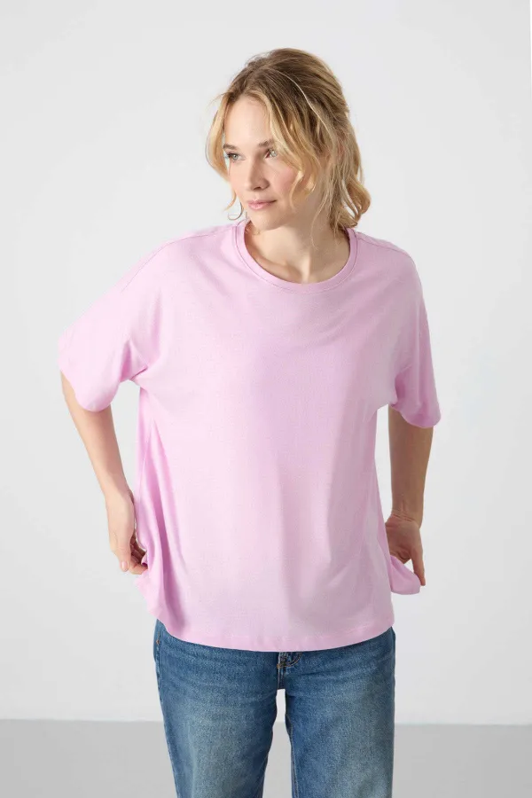 Tommylife Toptan O Yaka Oversize Basic Kadın T-Shirt 97285 Pembe