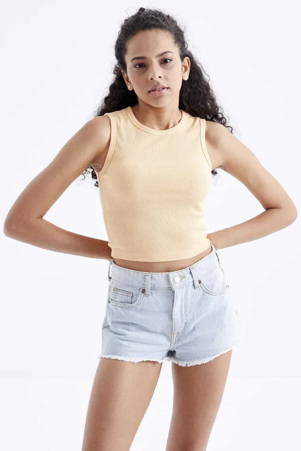 Tommylife Wholesale Orange Basic Sleeveless O-Neck Women's Crop Top Tank Top - 97204