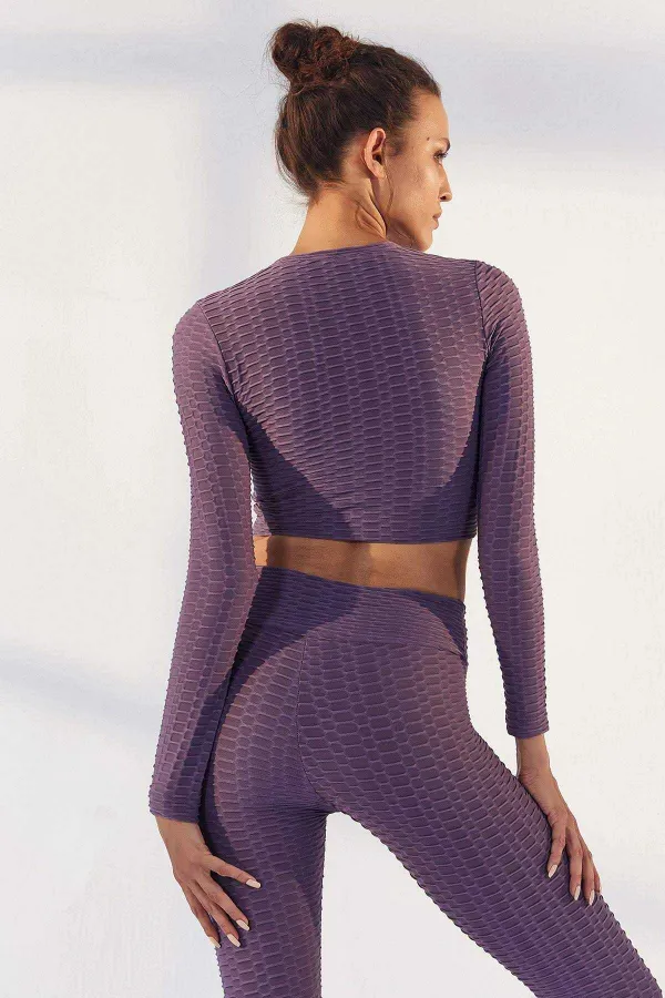 Tommylife Toptan Eflatun Kendinden Desenli O Yaka Uzun Kol Kadın Crop Top T-Shirt - 97153