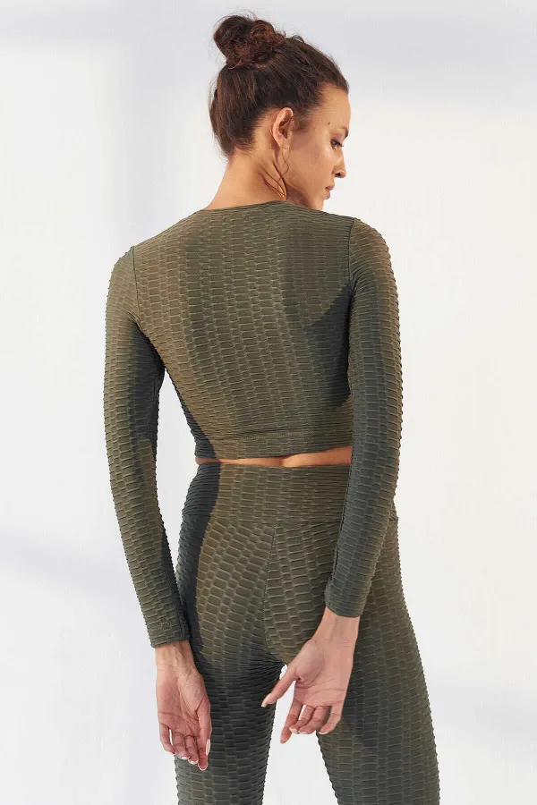 Tommylife Wholesale Light Green Self-Patterned Crew Neck Long Sleeve Women's Crop Top T-Shirt - 97153