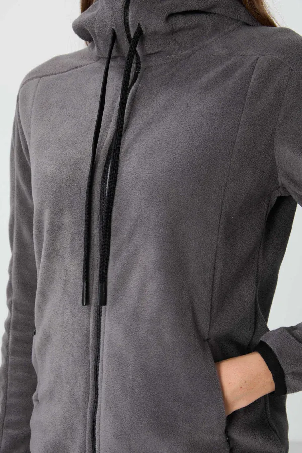 Sweat-shirt polaire à capuche zippé Tommylife Wholesale pour femme, coupe standard, gris foncé, référence 97287