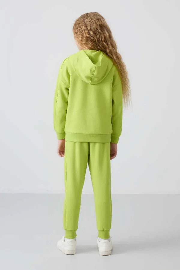 Tommylife Toptan 3-9 Yaş Kapüşonlu Standart Kalıp Kız Çocuk Eşofman Takımı 75148 Lime Yeşil