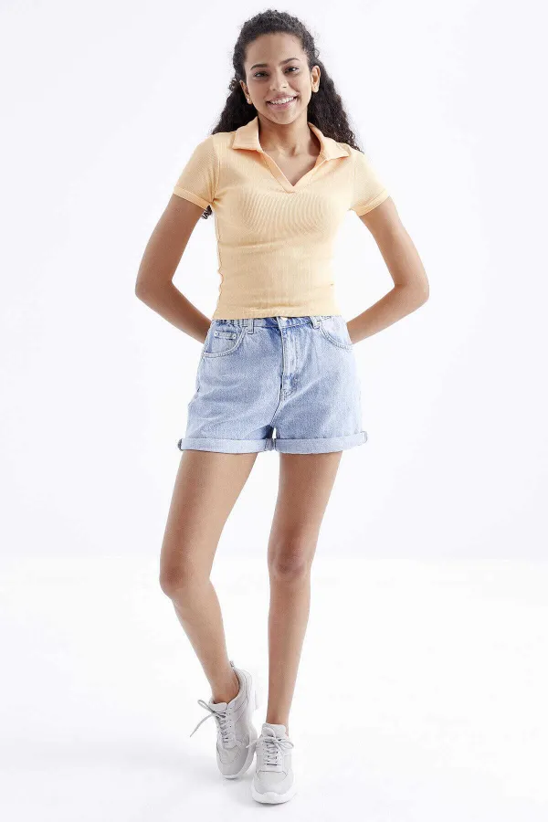 Tommylife Wholesale Orange Polo Collar Basic Short Sleeve Women's Crop Top T-Shirt - 97208