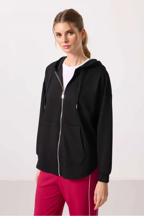 Tommylife Toptan Yumuşak Dokulu Kapüşonlu Oversize Kadın Tunik Sweatshirt - 97302 Siyah