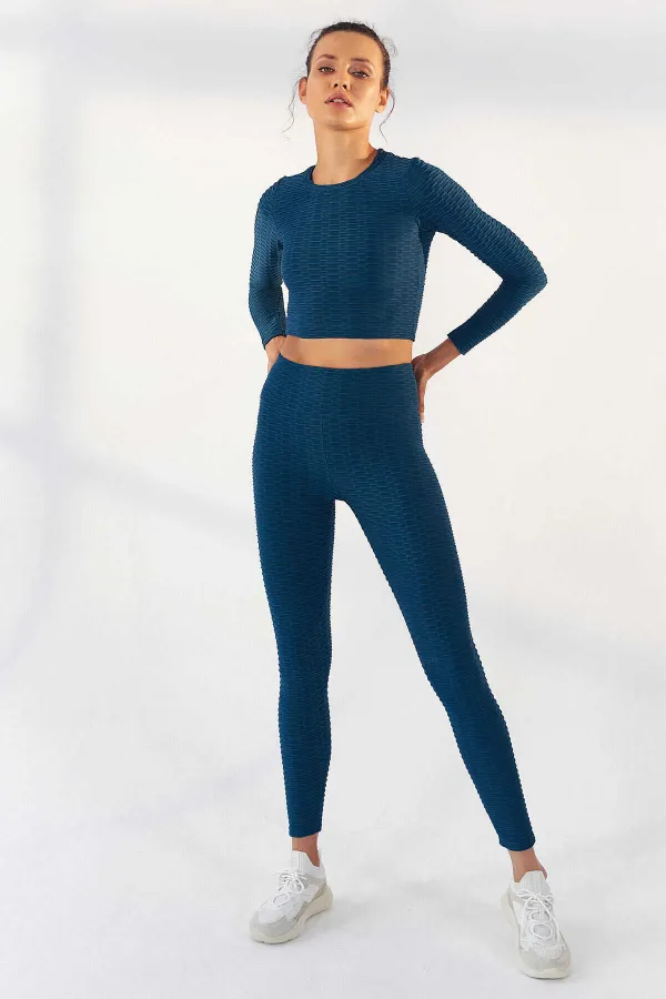 Tommylife Toptan Zümrüt Kendinden Desenli O Yaka Uzun Kol Kadın Crop Top T-Shirt - 97153