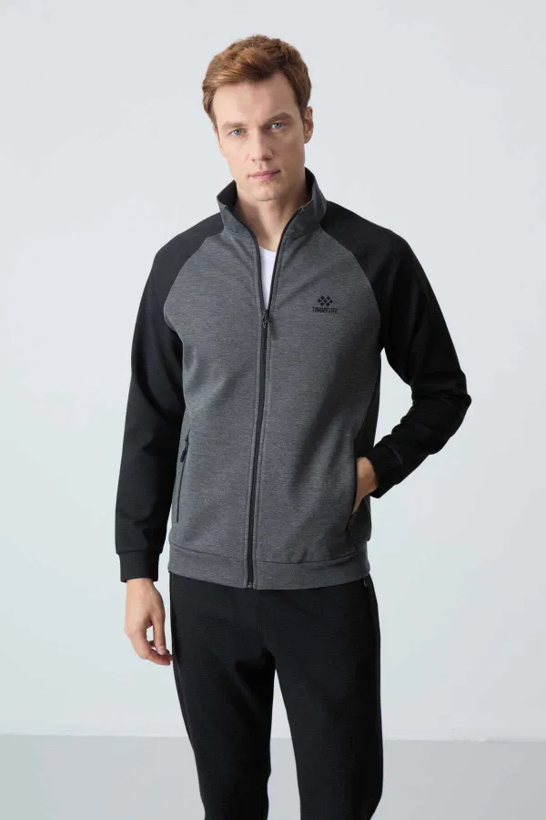 Tommylife Toptan Rahat Kalıp Dik Yaka Klasik Paça Erkek Eşofman Takımı 85113 Antrasit - Siyah