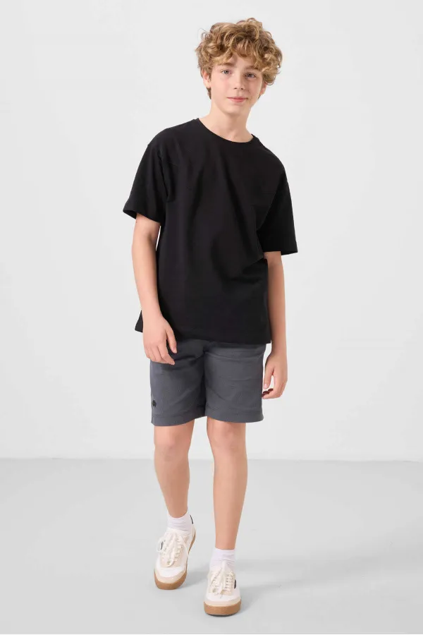 Ensemble short chino garçon Tommylife en coton tissé léger et extensible, coupe oversize, noir et gris, référence 11277