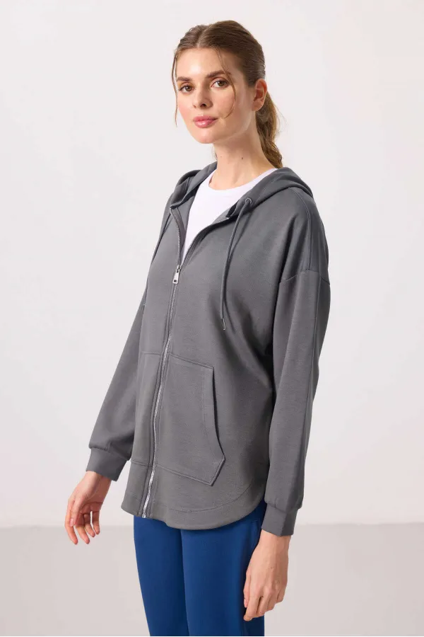 Sweat-shirt tunique oversize à capuche et texture douce Tommylife pour femme - 97302 Gris foncé