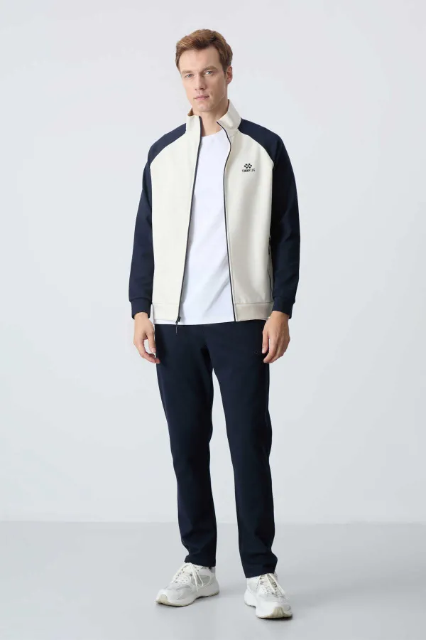 Tommylife Toptan Rahat Kalıp Dik Yaka Klasik Paça Erkek Eşofman Takımı 85113 Bej - Lacivert