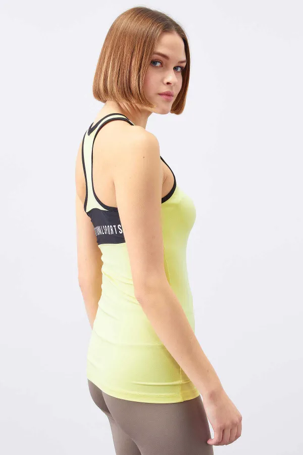 Tommylife Toptan Limon Kolsuz Arka Yazı Detaylı Standart Kalıp Kadın Spor Atlet - 97096