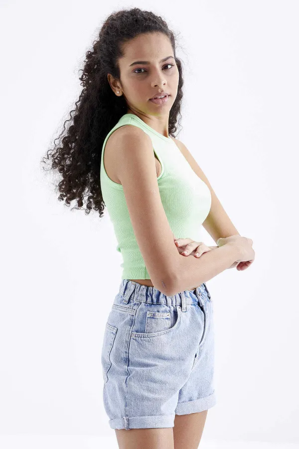 Tommylife Toptan Fıstık Yeşil Basic Kolsuz O Yaka Kadın Crop Top Atlet - 97204
