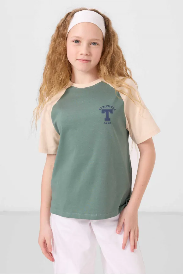 Tommylife Wholesale Crew Neck Cotton Printed Oversize Fit Girls' T-Shirt 75179 Light Green