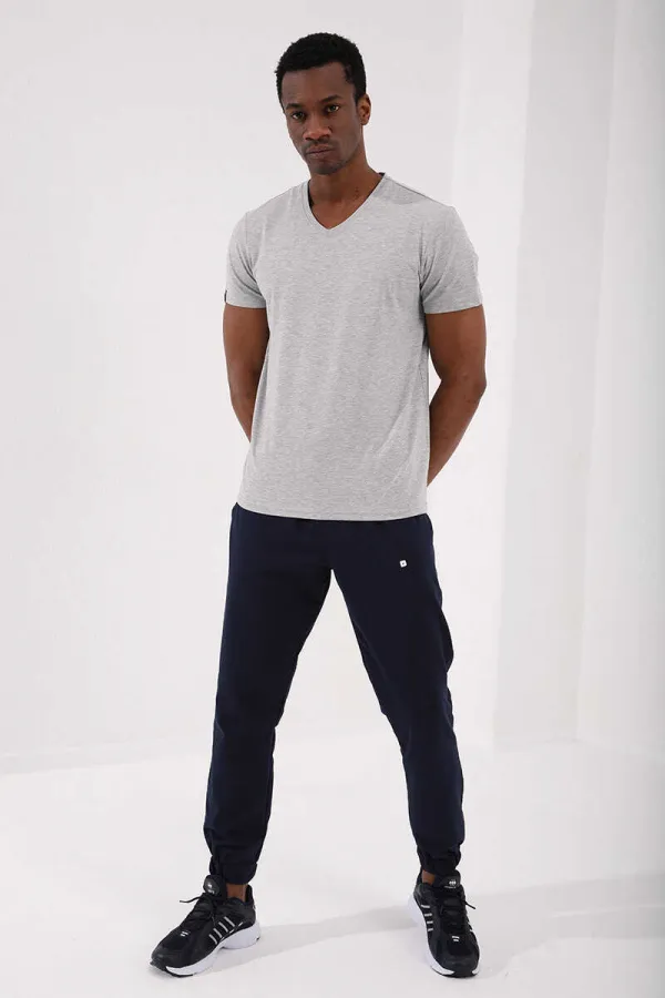 Tommylife Toptan V Yaka Standart Kalıp Basic Erkek T-Shirt 87912 Gri Melanj