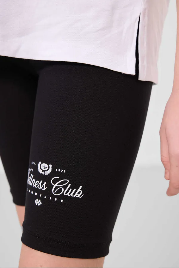 Tommylife Toptan Pamuklu O Yaka Standart Fit Baskılı Kız Çocuk Tayt Takım 75190 Beyaz Siyah