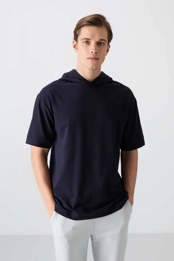 Tommylife Wholesale Hooded Oversize Basic Men's T-Shirt 88352 Navy Blue