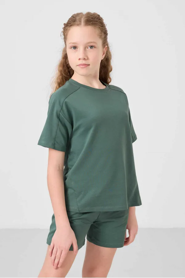 Ensemble short basique pour fille Tommylife, en coton doux texturé, coupe standard, vert clair, réf. 75184