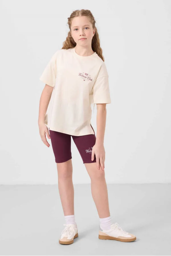 Tommylife Toptan Pamuklu O Yaka Standart Fit Baskılı Kız Çocuk Tayt Takım 75190 Ekru Bordo