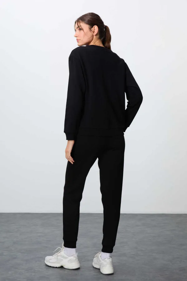 Tommylife Toptan Oversize O Yaka Jogger Kadın Eşofman Takımı 95341 Siyah