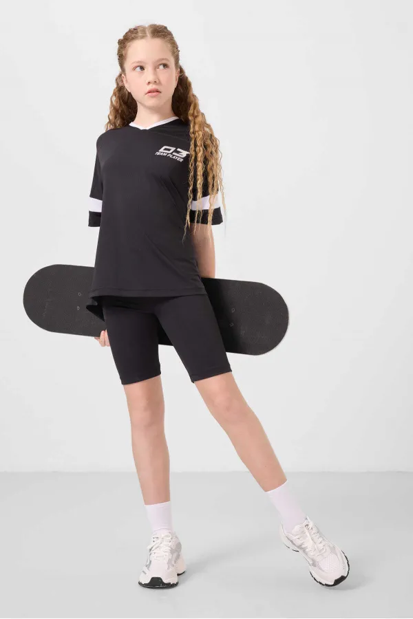 Ensemble de leggings Tommylife Wholesale pour filles, coupe standard, col en V et ceinture détaillée, noir, référence 75187