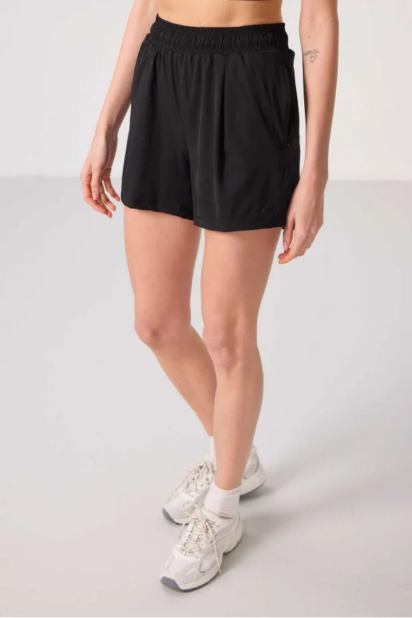 Tommylife Toptan Polyester Gizli Cep Fermuarlı Rahat Form Kadın Şort - 91014 Siyah