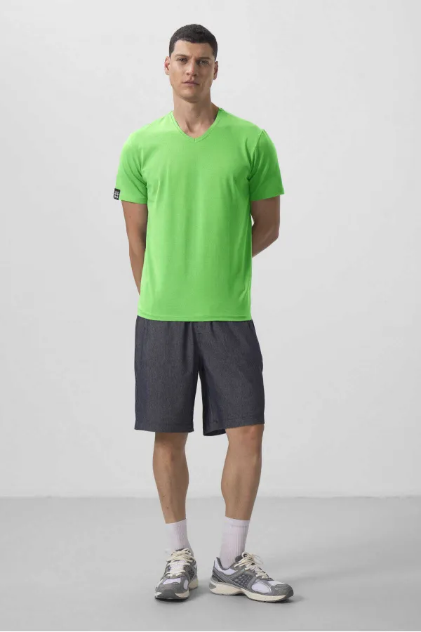 T-shirt basique Tommylife pour homme, col en V, coupe standard, vert fluo, référence 87912.