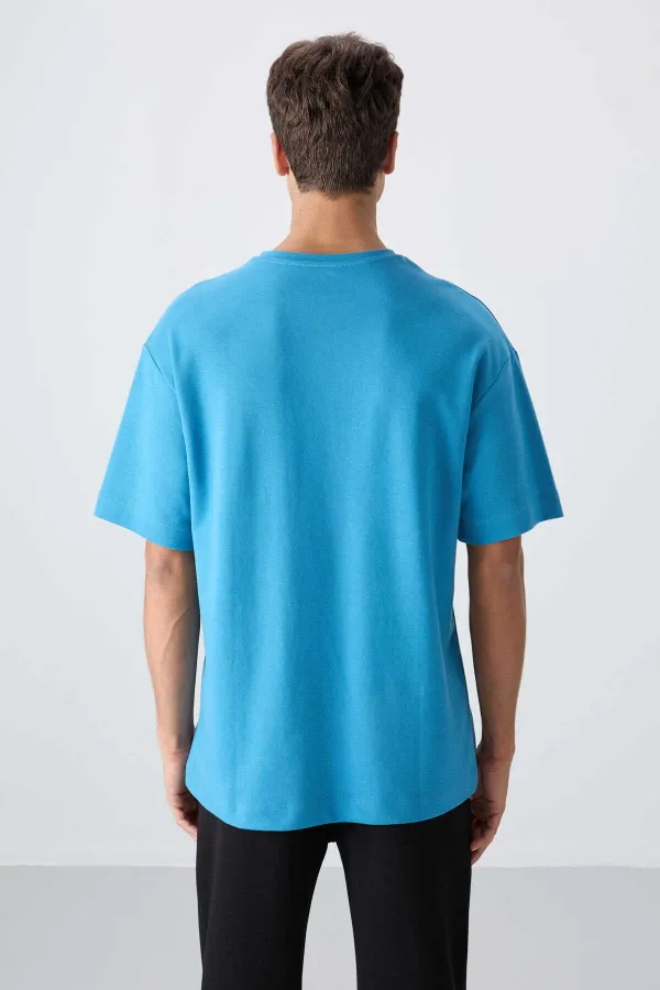 Tommylife Wholesale Crew Neck Oversize Printed Men's T-Shirt 88325 Petrol Blue