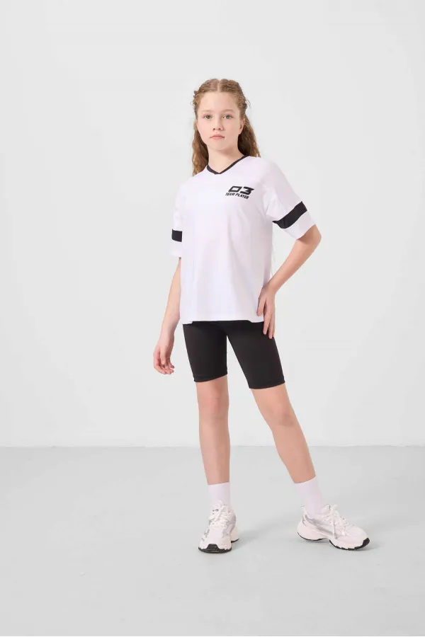 Tommylife Toptan V Yaka Kemer Detaylı Standart Fit Performans Kız Çocuk Tayt Takım 75187 Beyaz Siyah