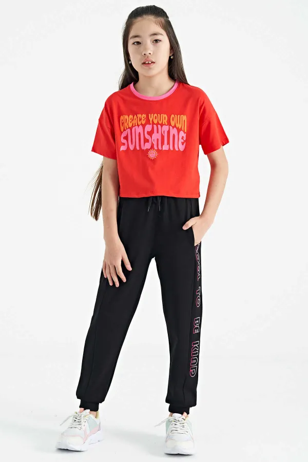 Tommylife Toptan Fiesta Renkli Yazı Baskılı O Yaka Oversize  Kısa Kollu Kız Çocuk T-Shirt - 75111