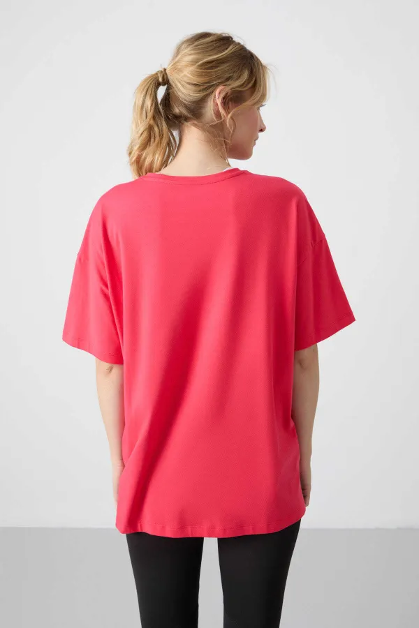 Tommylife Toptan O Yaka Oversize Basic Kadın T-Shirt 97285 Şeker Pembe