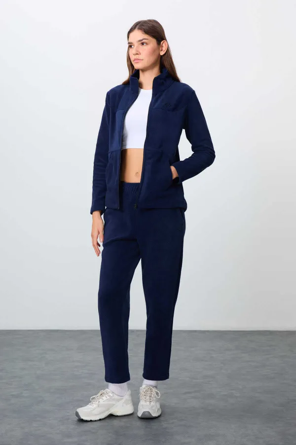 Tommylife Toptan Oversize Dik Yaka Klasik Paça Kadın Polar Eşofman Takımı 95339 Lacivert