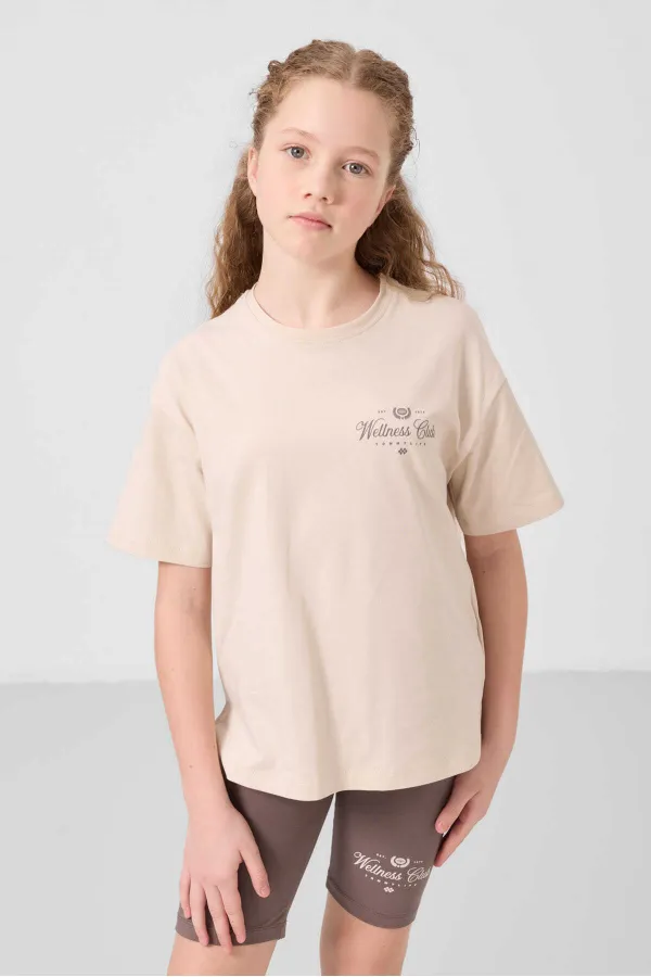 Tommylife Toptan Pamuklu O Yaka Standart Fit Baskılı Kız Çocuk Tayt Takım 75190 Bej Kahverengi