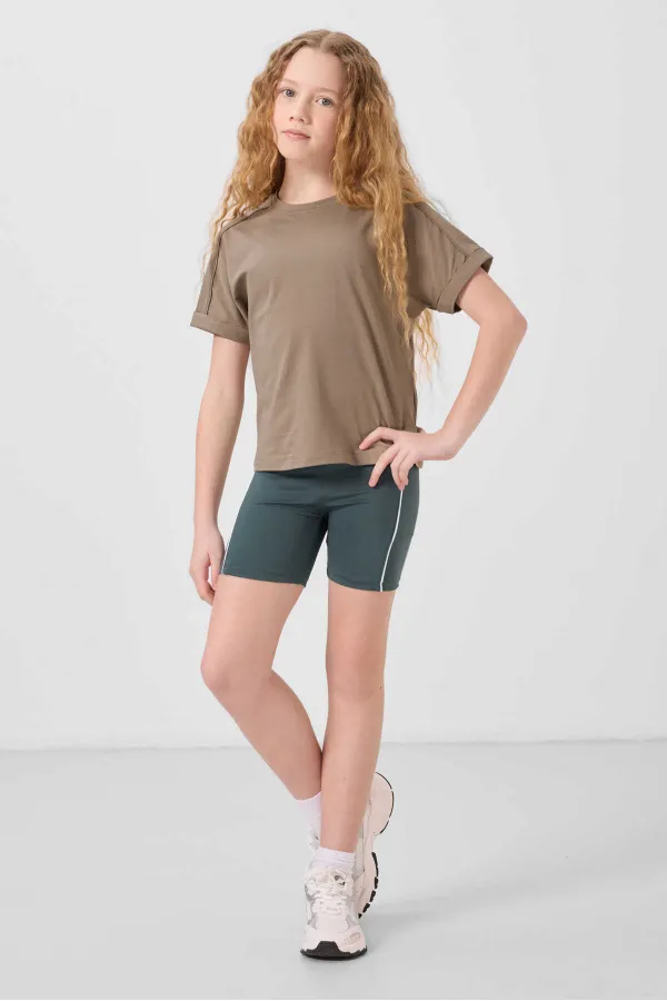 T-shirt basique Tommylife en coton, col rond, coupe oversize, pour fille, beige foncé, référence 75182.